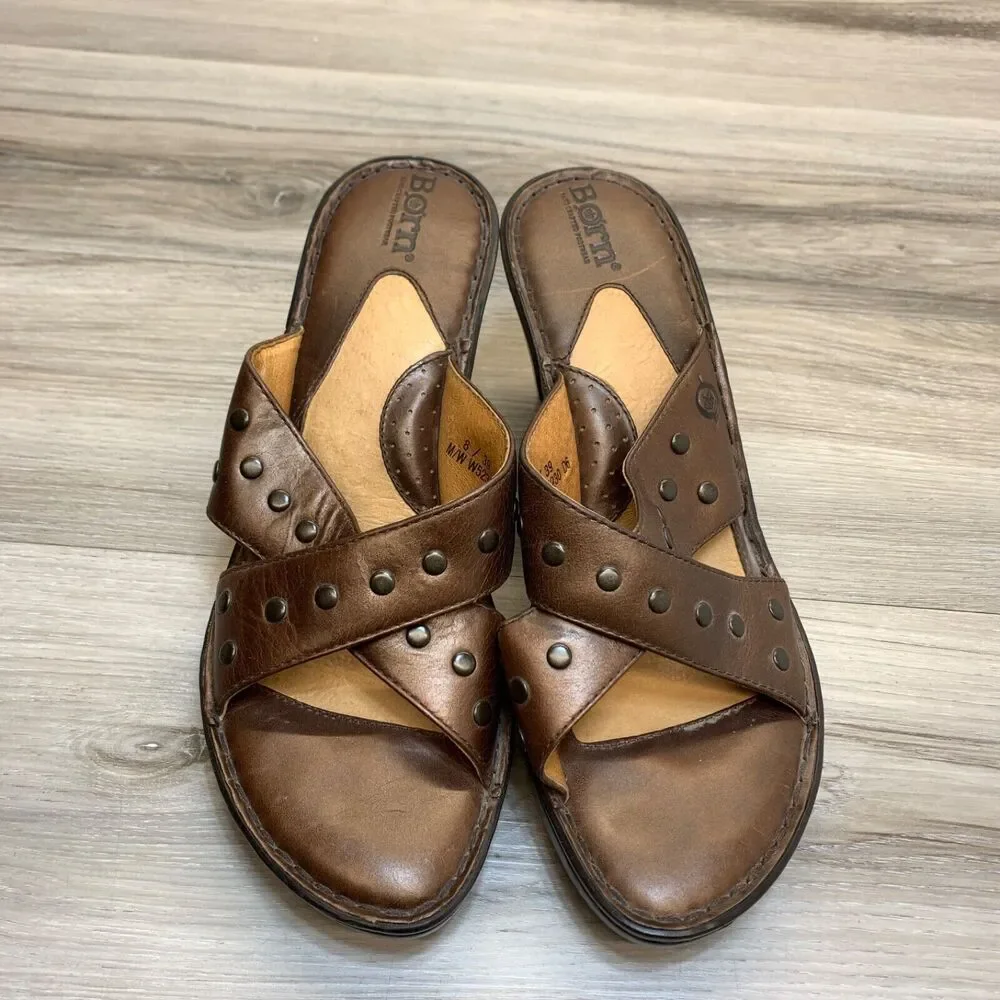 Born‎ Tupelo W5230 Brown Studded Wedge Heels Sandals Womens 8 EU 39 Criss Cross
